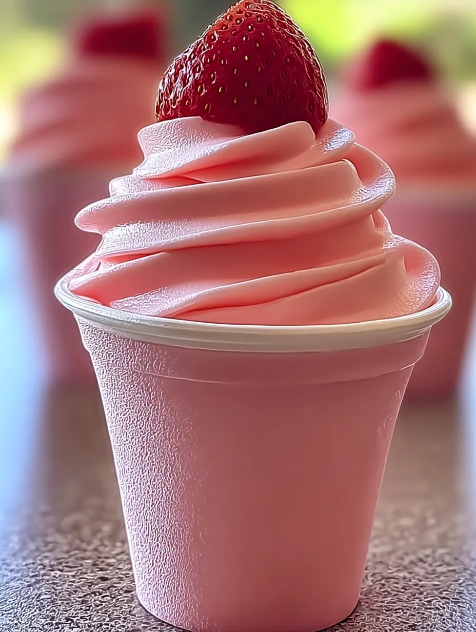 A pink cupcake with a strawberry on top.