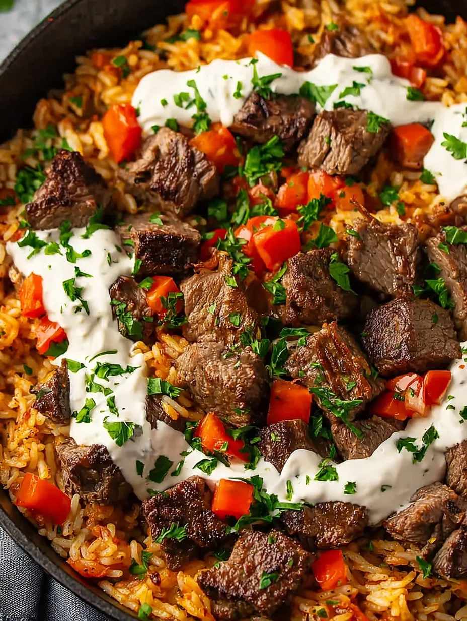 A plate of meat and rice with white sauce.