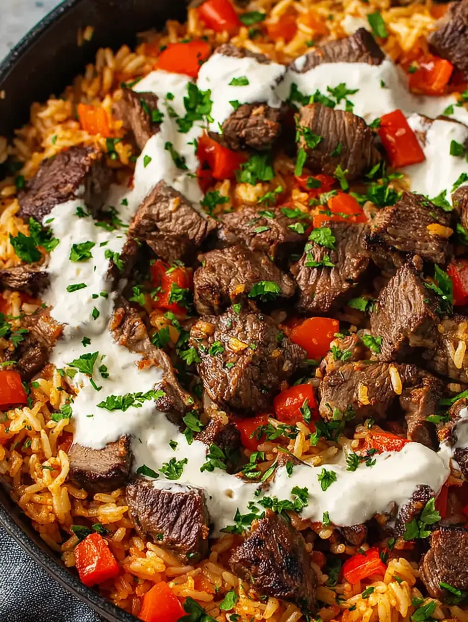 A dish with meat and rice.