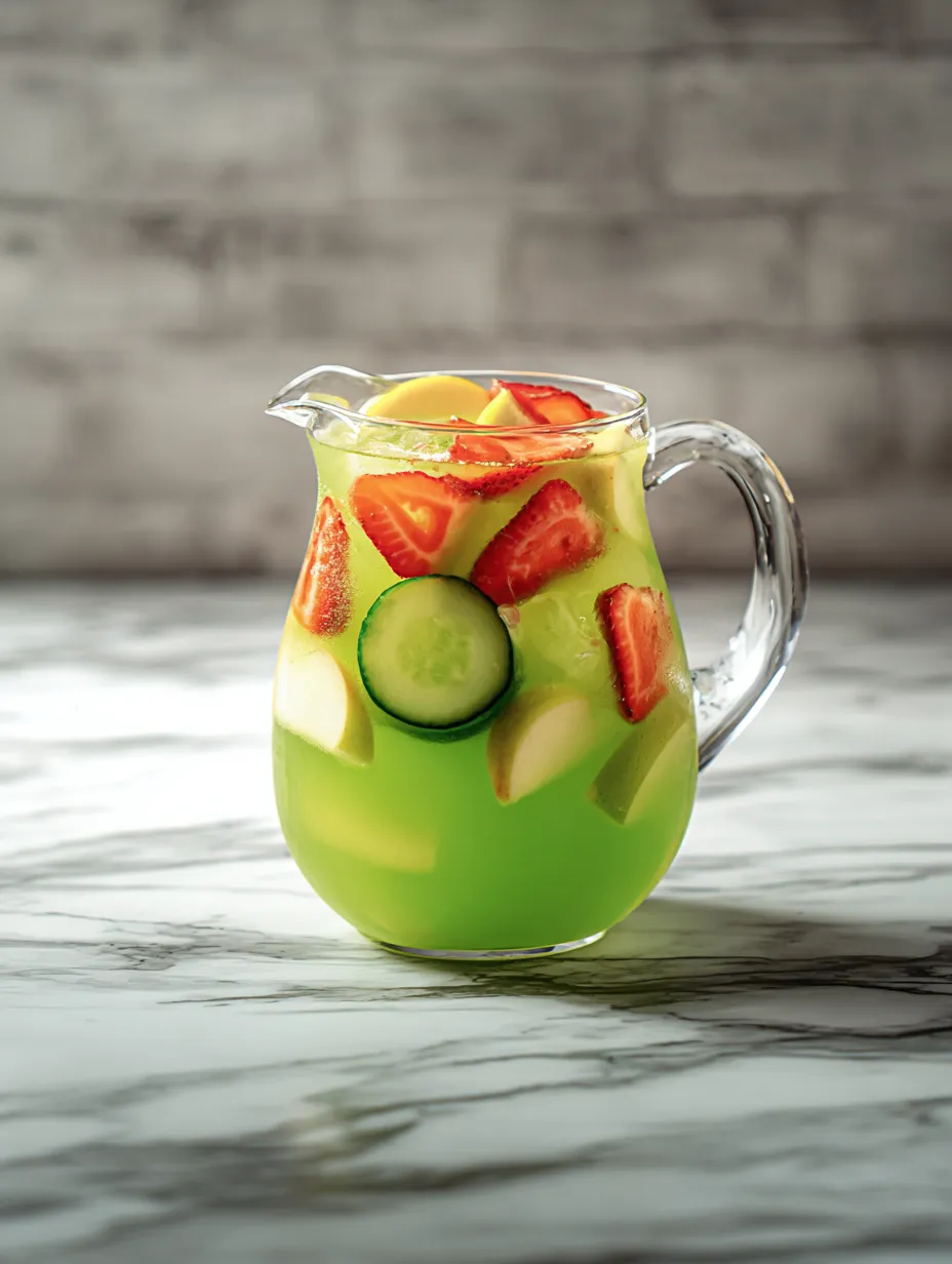 Chilled punch with strawberries, cucumber, and a wedge of lime in a glass.