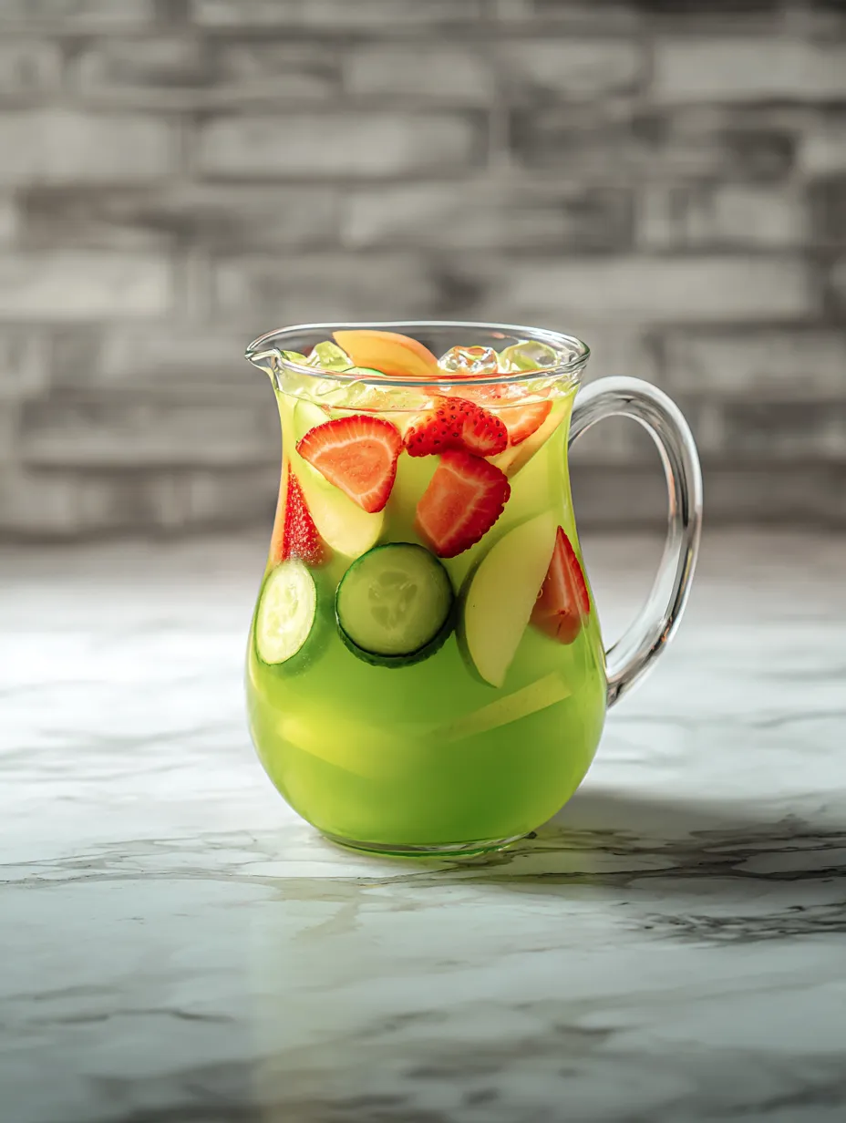 Strawberries, orange slices, and cucumbers in a glass of cold fruit punch.