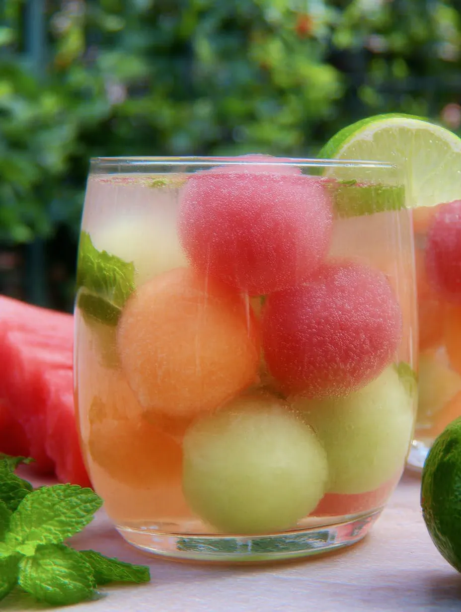 Chilled watermelon drink with melon spheres floating inside.