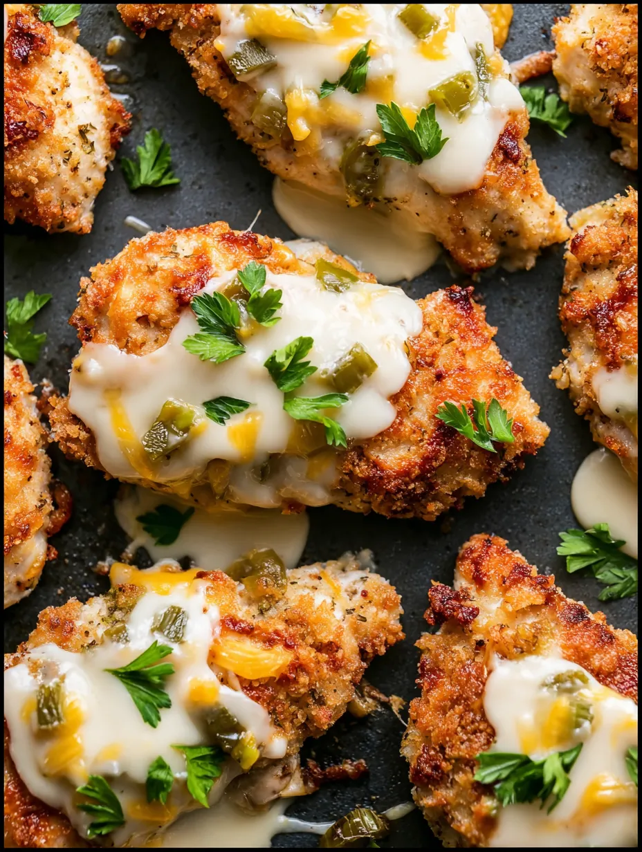 Chicken covered in a creamy sauce with green onions peeking through.