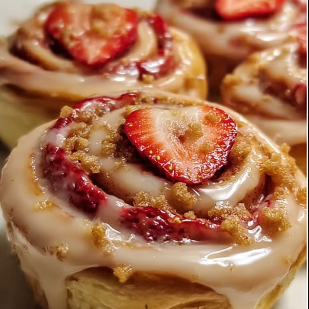 A soft pastry topped with strawberries and a dusting of sugar.