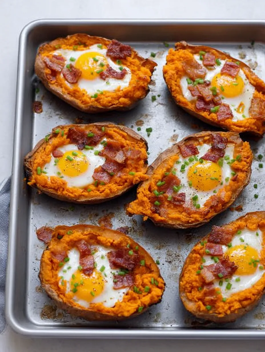 Bacon and egg potatoes on a tray.