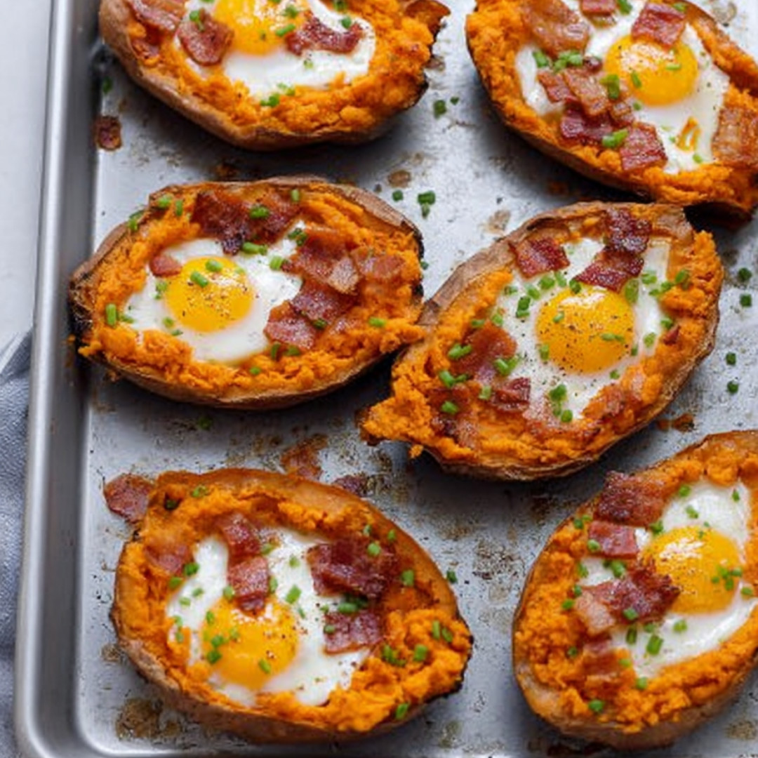 A tray holding baked potatoes stuffed with cheese, bacon, and eggs.