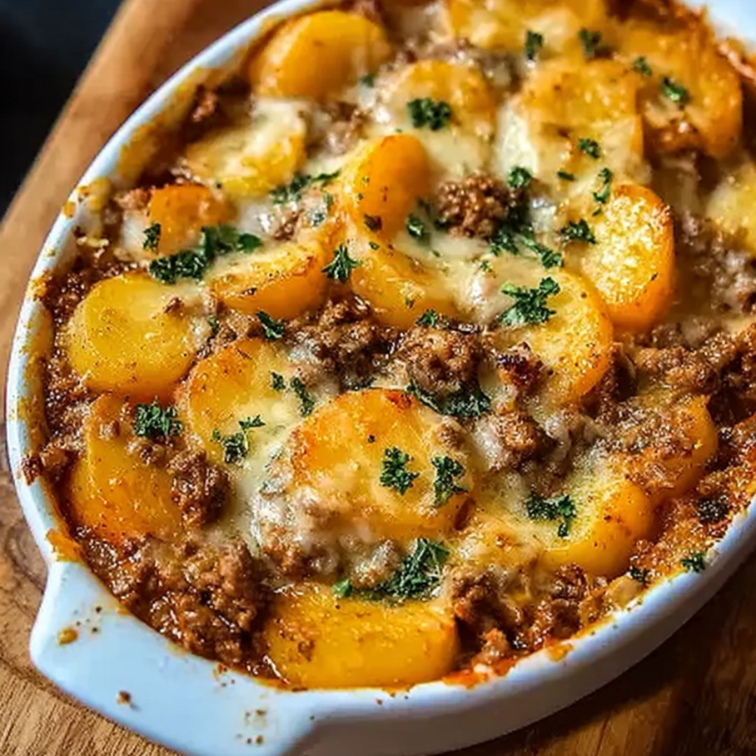 White bowl filled with warm, cheesy casserole.