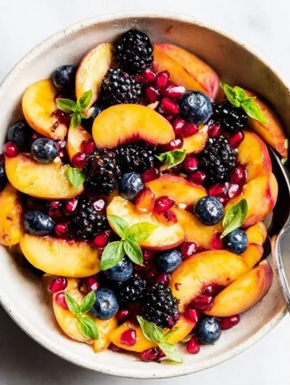 A bowl full of blackberries, blueberries, and peach slices.