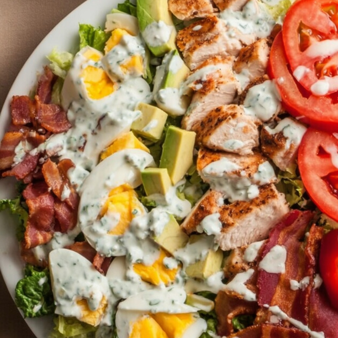 A plate packed with chicken, avocado, tomato, and crispy bacon.