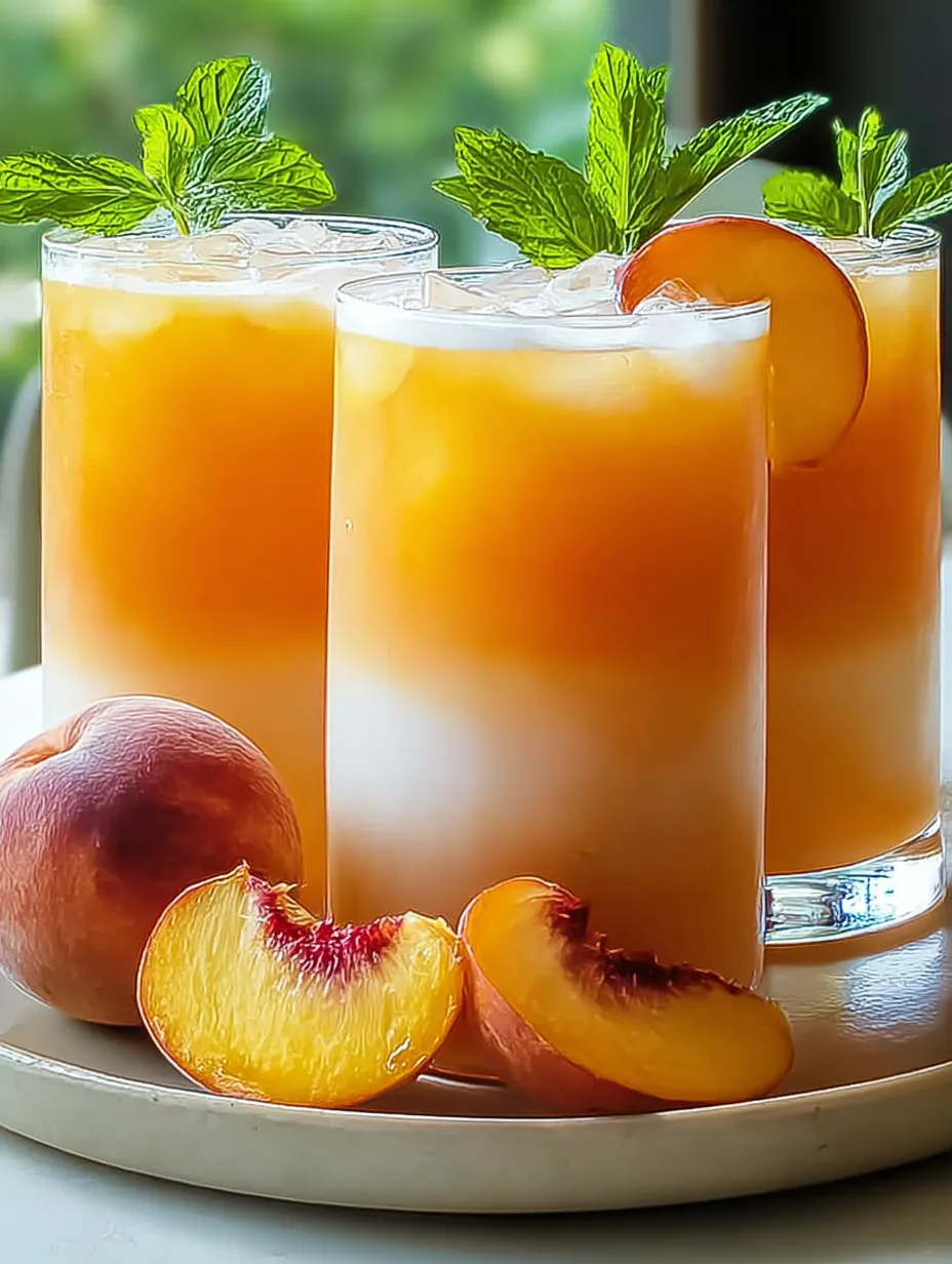 Two glasses of peachy tea surrounded by fresh peaches and mint leaves.