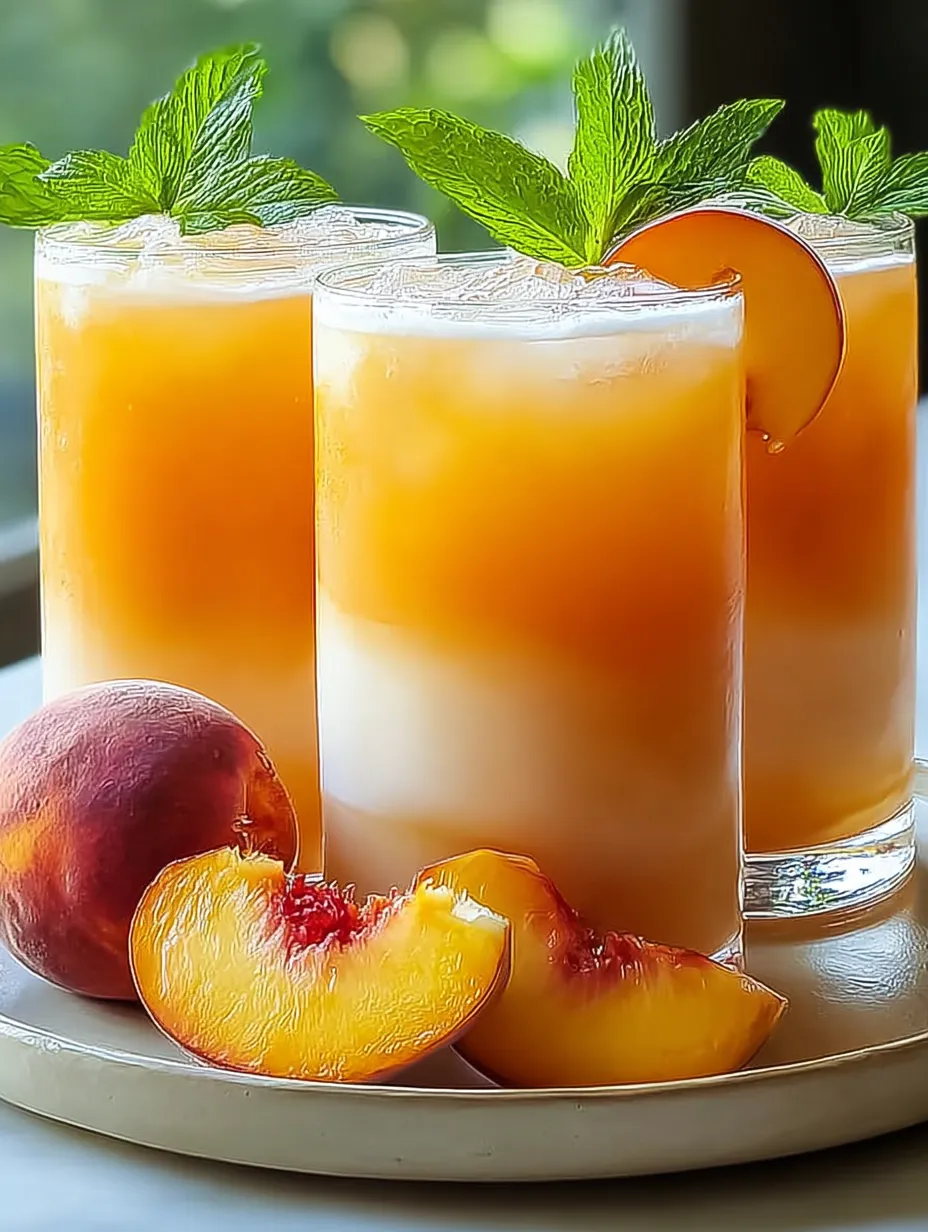 Two glasses of peach juice topped with mint and a peach slice.