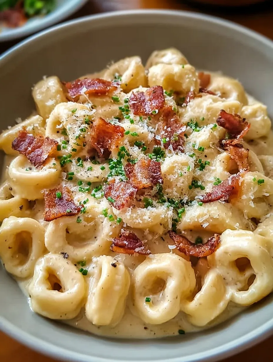 A bowl of pasta with bacon and cheese.