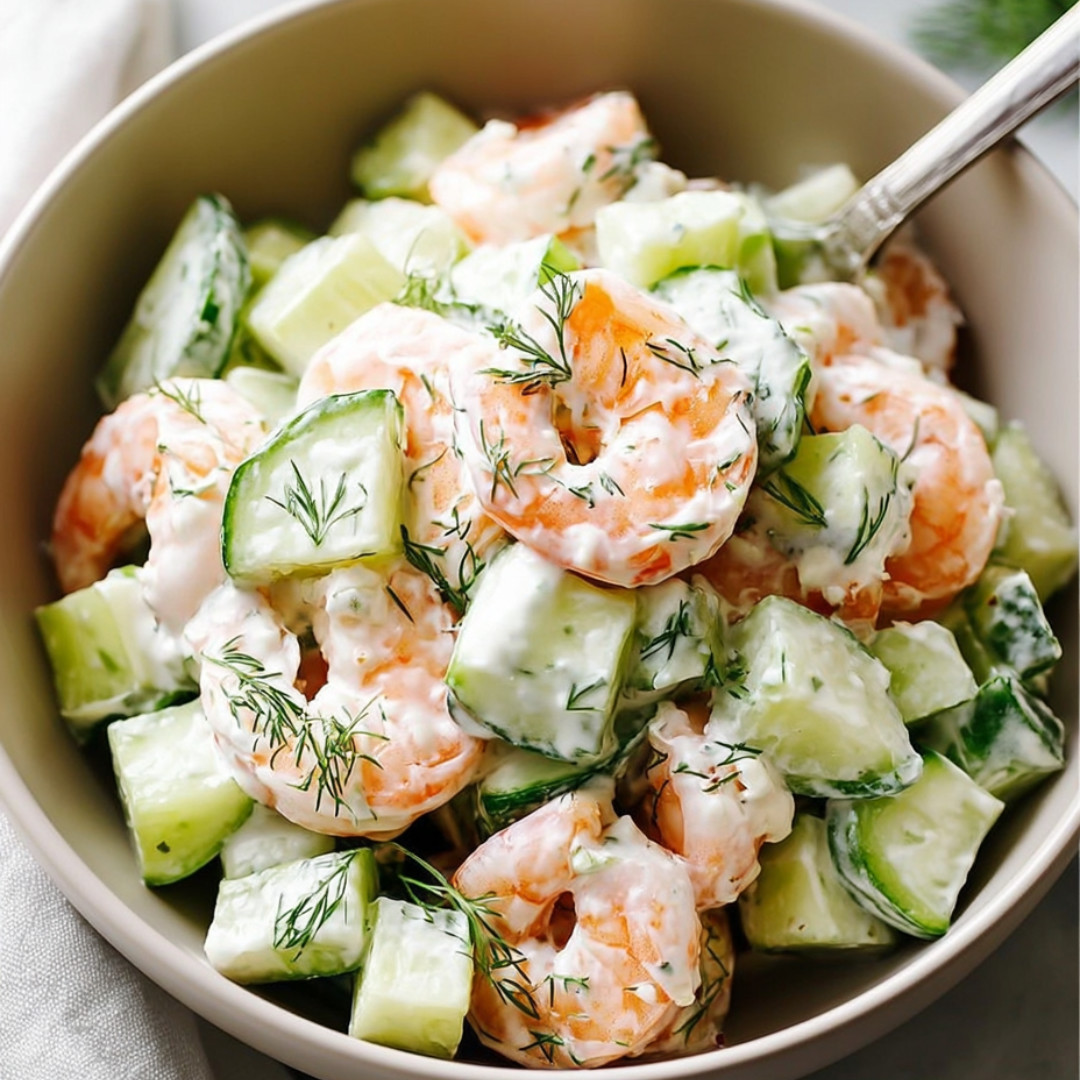 Shrimp with crunchy cucumbers in a big bowl.