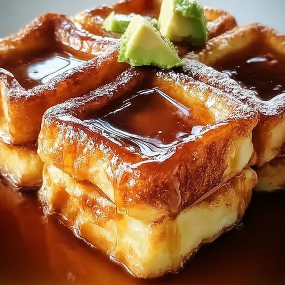 Stacked golden French toast dripping with maple syrup.