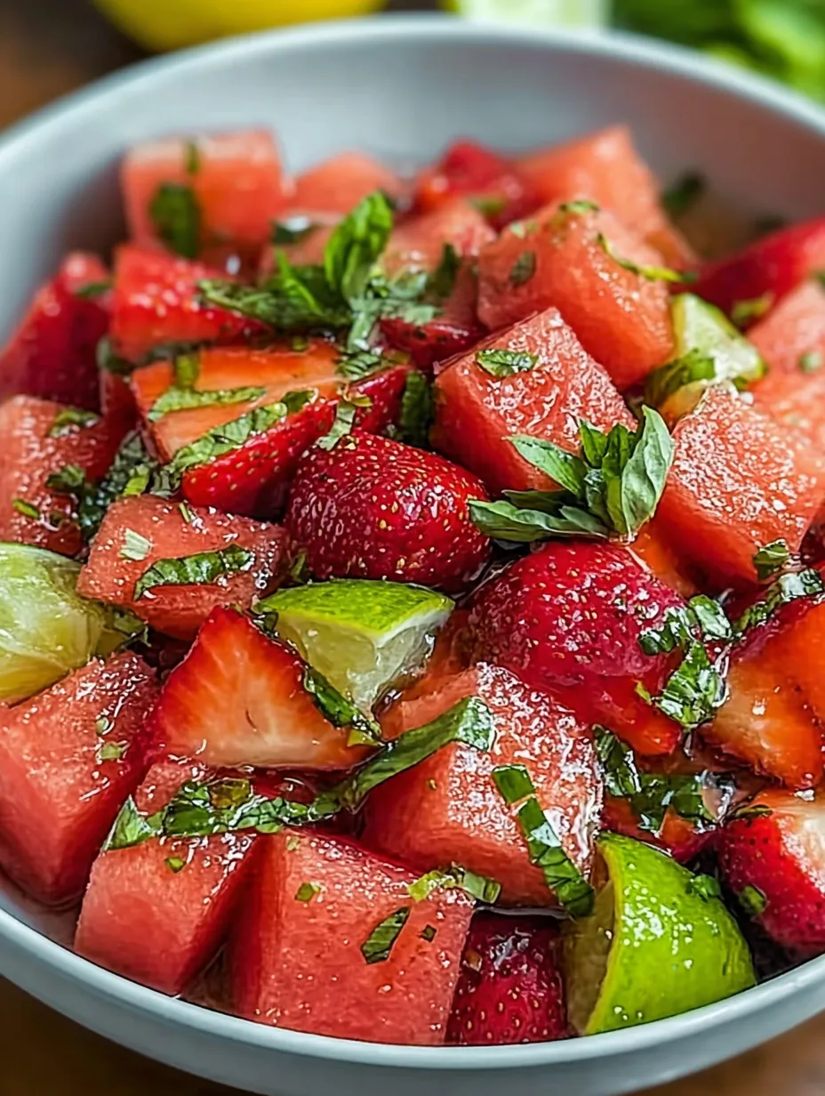 A dish of watermelon cubes and strawberry halves.