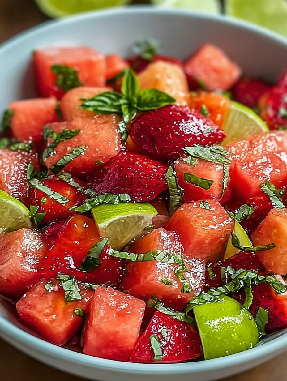A bowl of fruit featuring watermelon, strawberries, and limes.