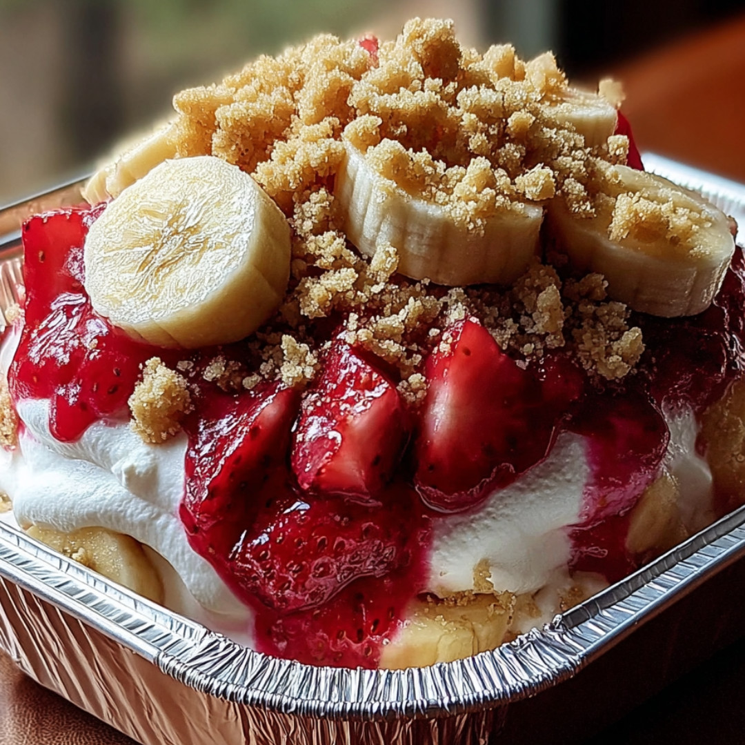 Bananas, strawberries, and soft whipped cream in a sweet treat.
