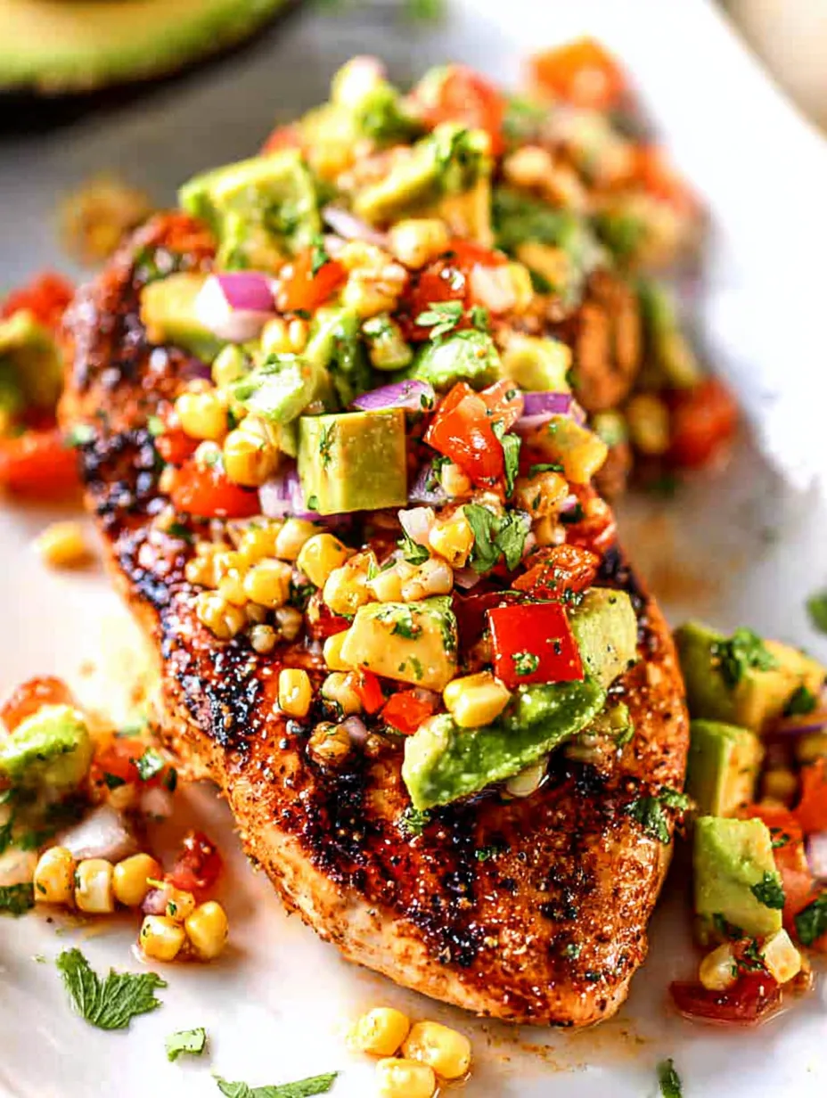 Grilled chicken with a pile of veggies on top.