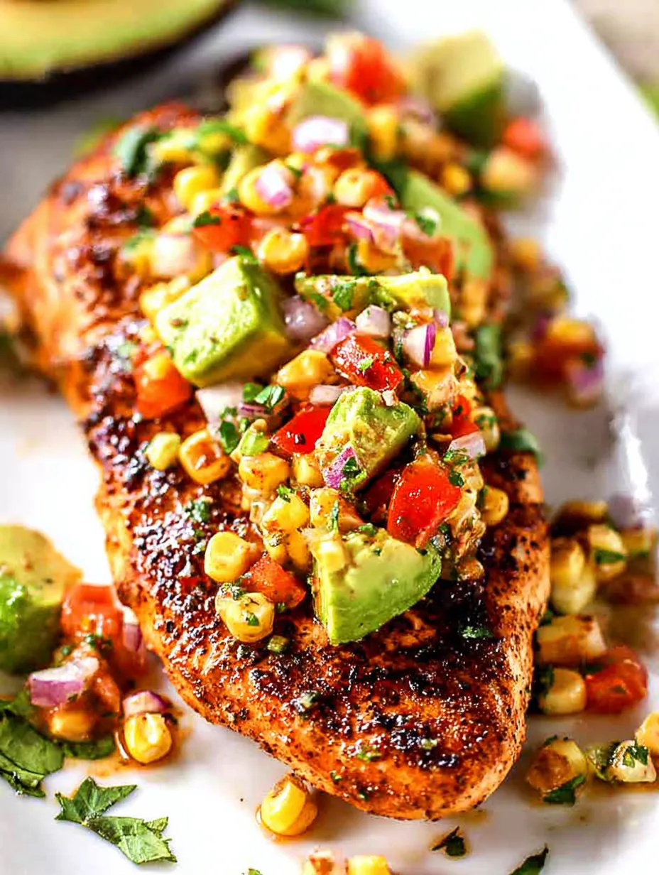 Grilled chicken topped with fresh salsa.