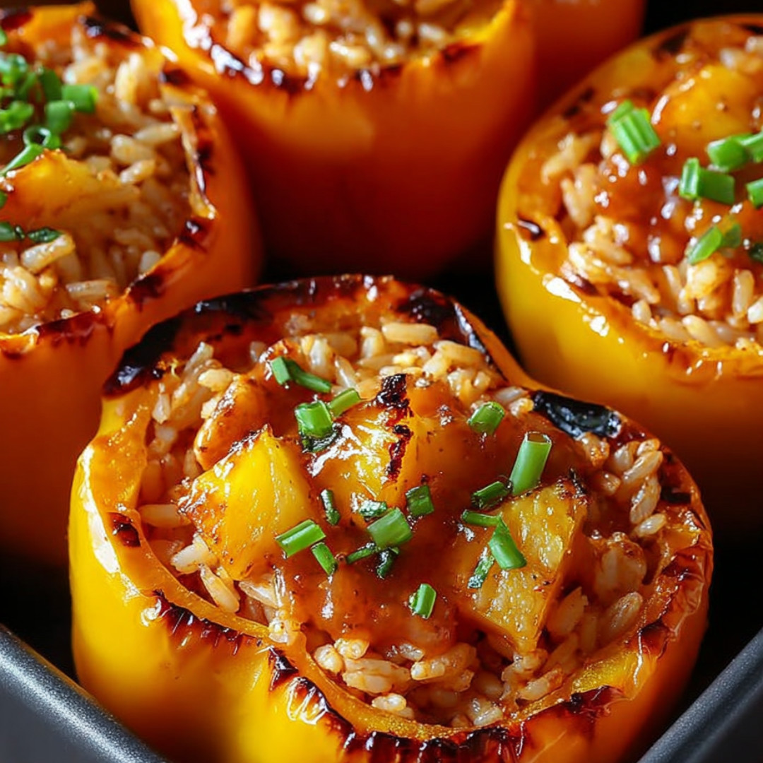 A bowl packed with colorful peppers stuffed with rice and chicken.