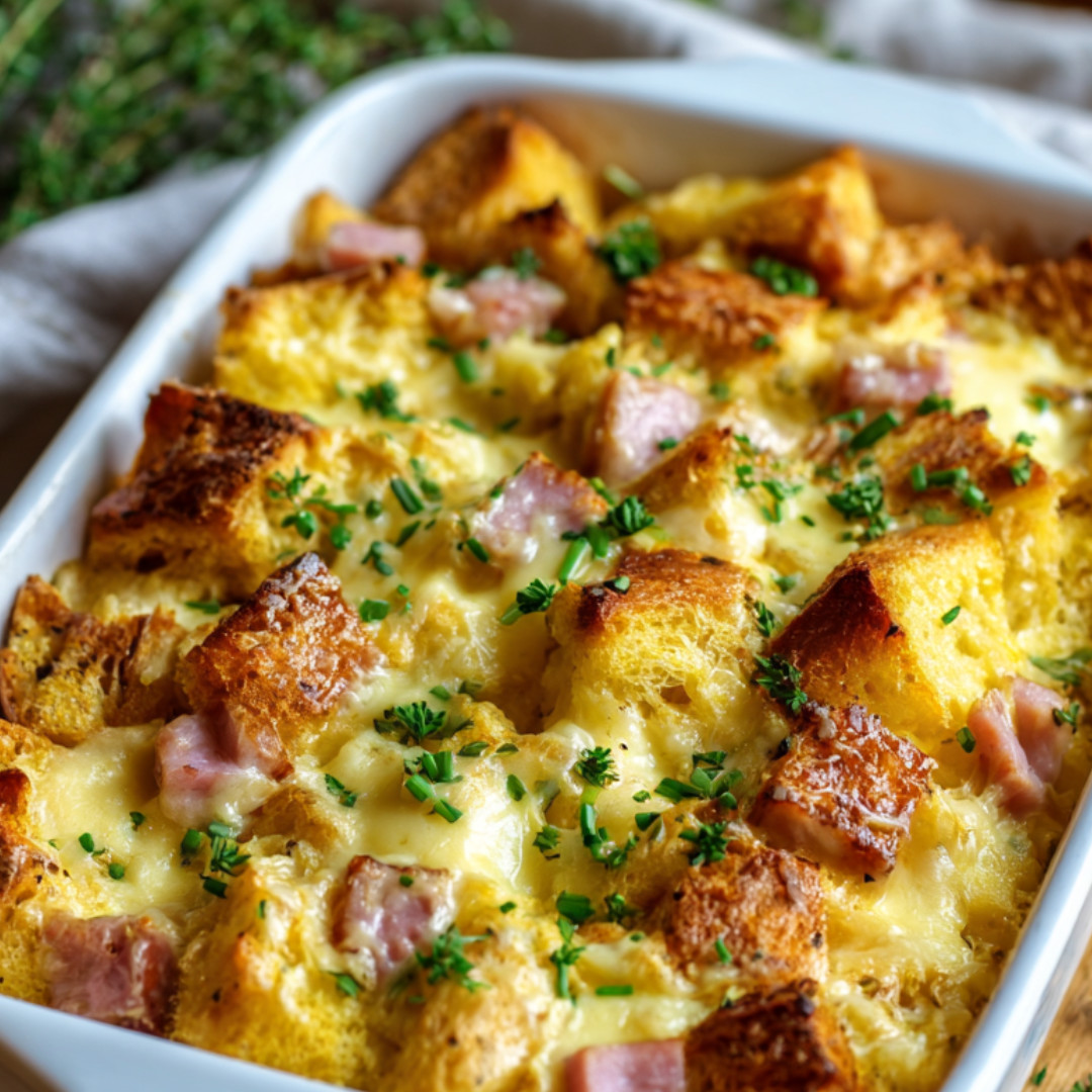 Round white bowl holding a cheesy, golden-topped brunch casserole.