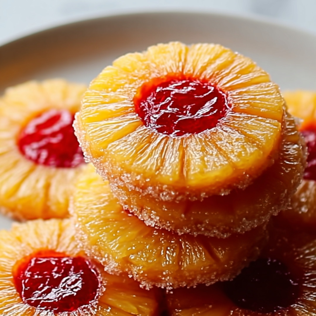 Stacked pineapple cookies topped with cherries.