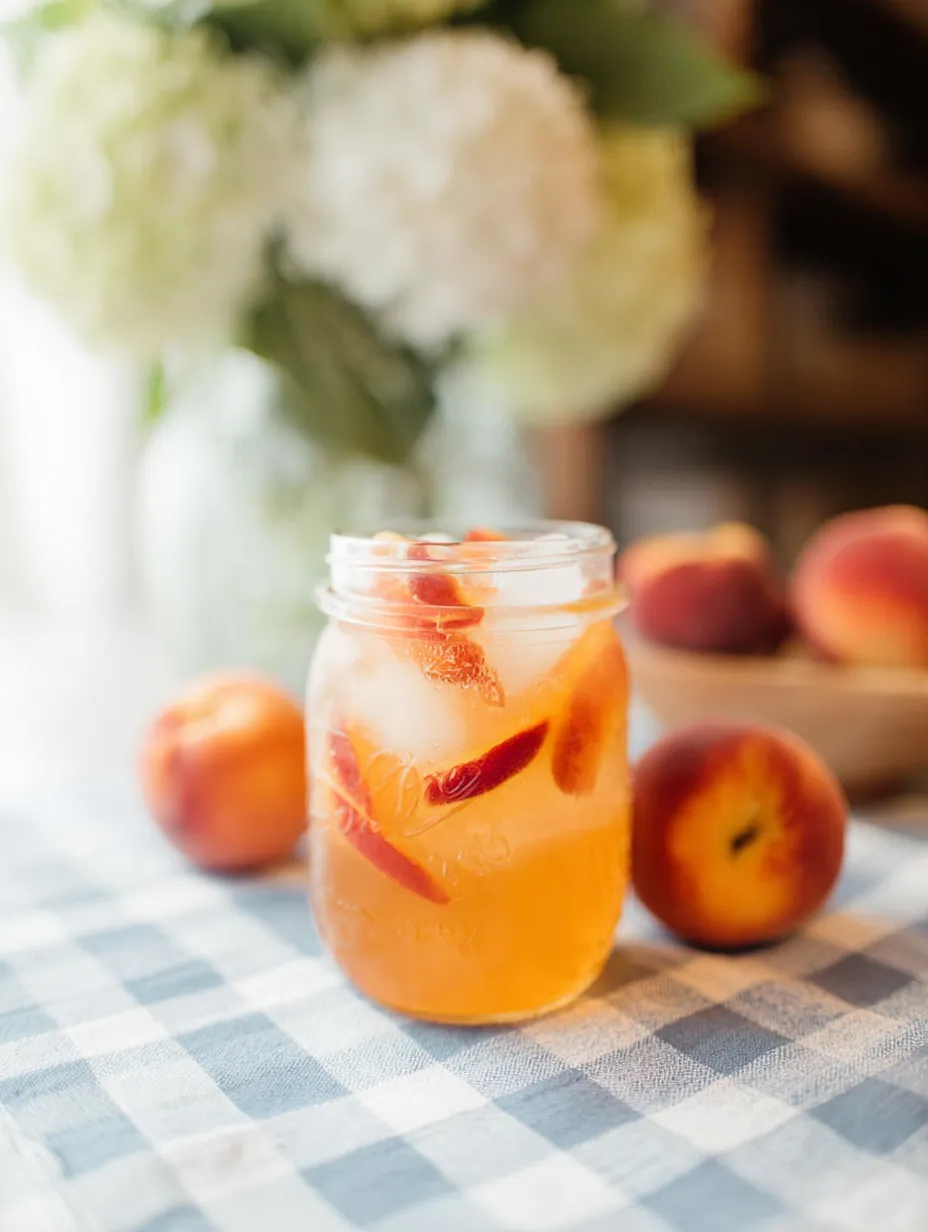 A glass jar with juicy peaches floating inside.