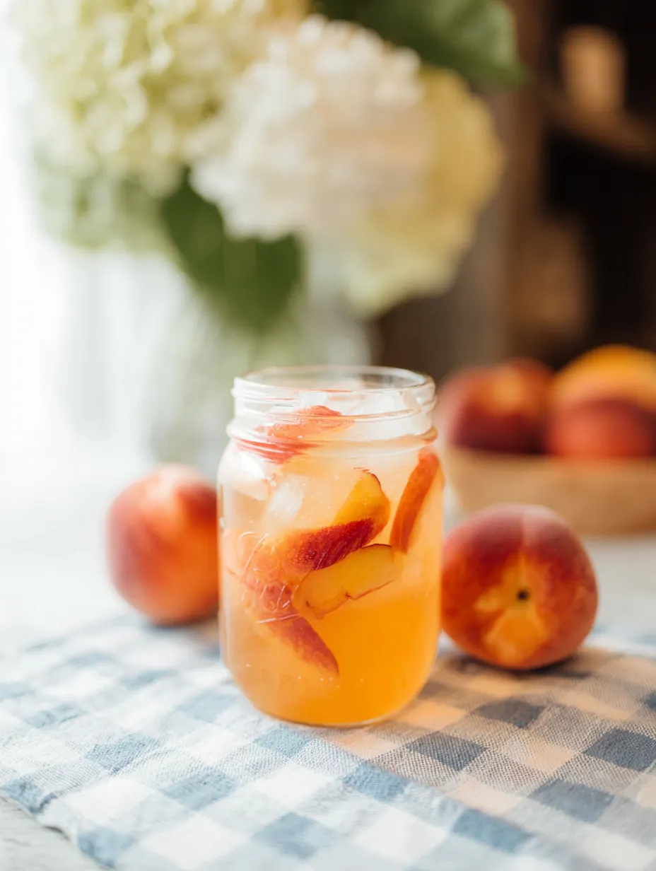 A glass jar crammed with peaches and their juice.