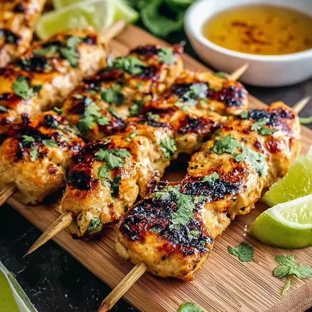 Skewers of grilled meat and fresh lime set out on a wood board.