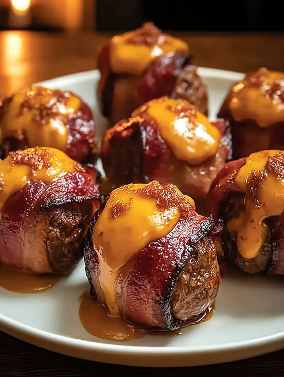 A plate stacked with cheesy topped meatballs.