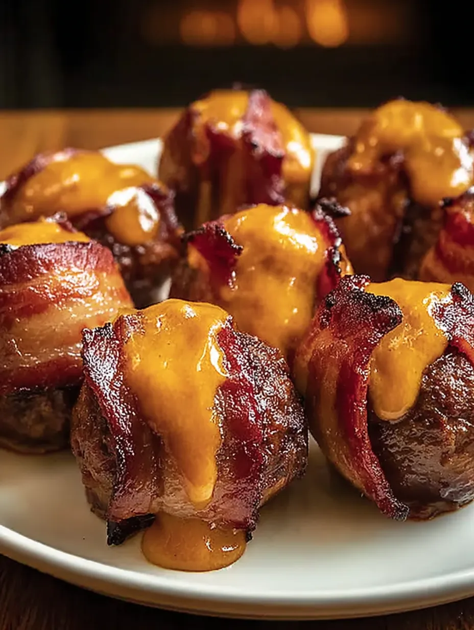 Meatballs wrapped in bacon smothered in cheese sauce.