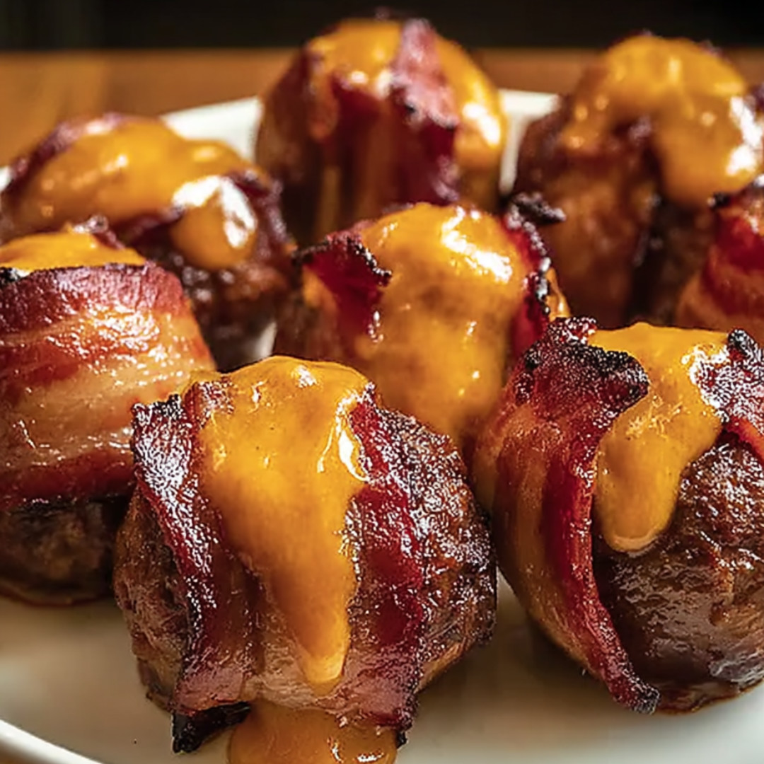 Meatballs wrapped in bacon and glazed with sauce.