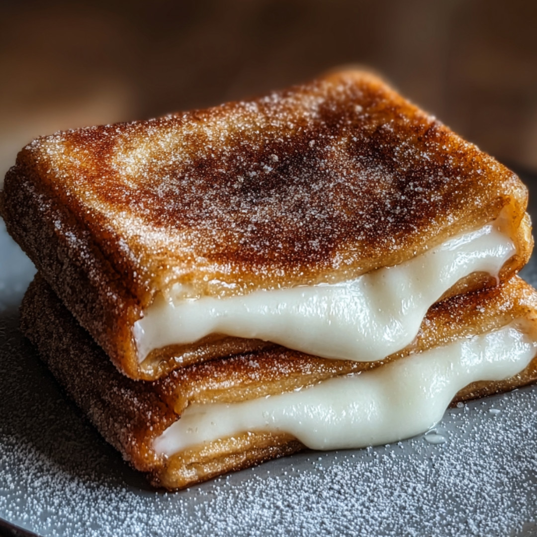 Three cheesy grilled sandwiches stacked high on a plate.