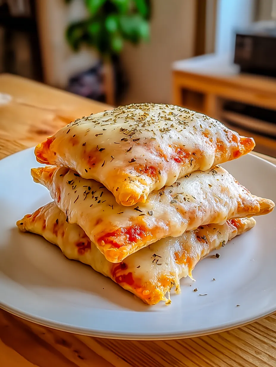 Plated cheese and herb pizza pockets stacked.