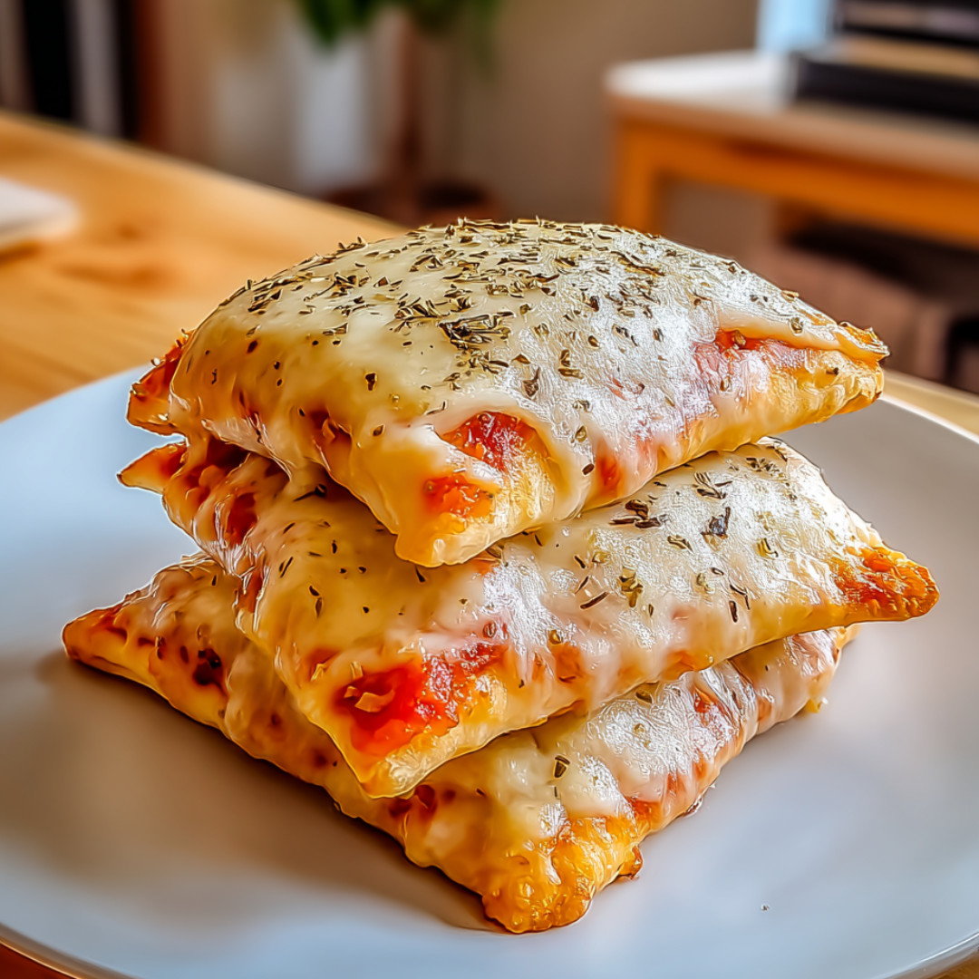 Stacked handheld pizzas stuffed with cheese and fresh herbs.