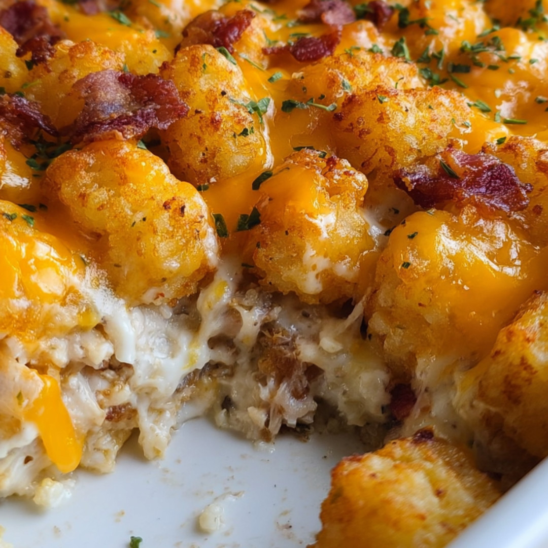 Super close view of a cheesy bacon bake that looks mouthwatering.