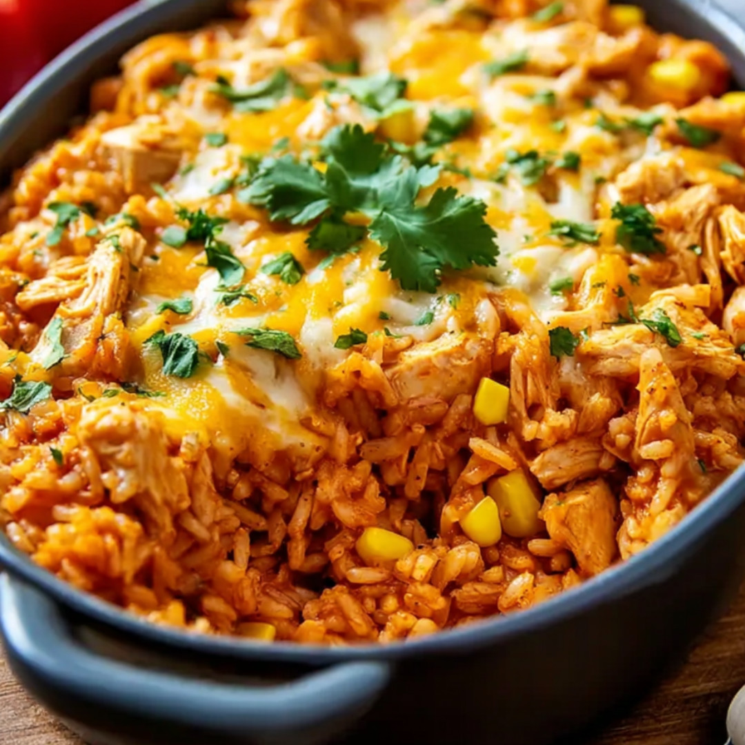 A bowl of rice packed with chicken and veggies.