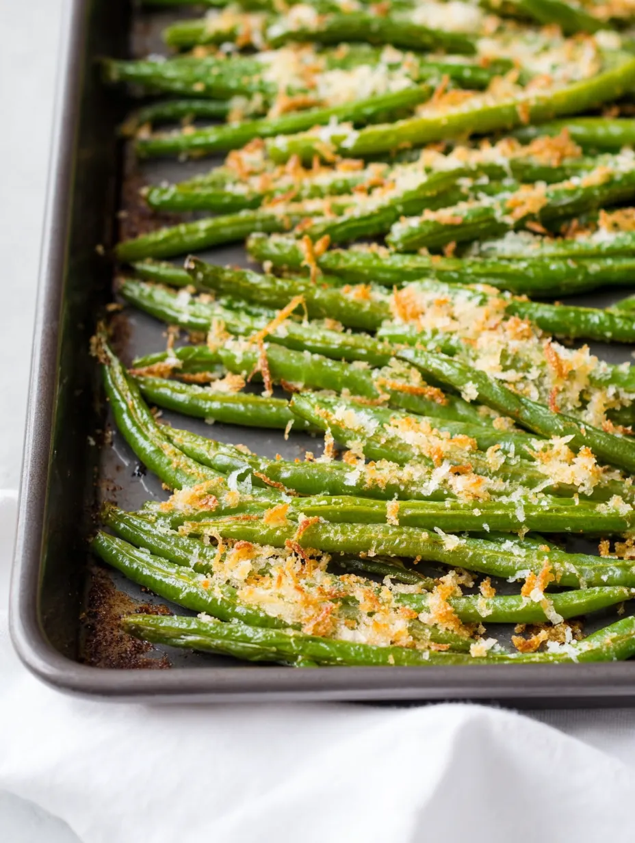 Tray of cheesy baked green beans.