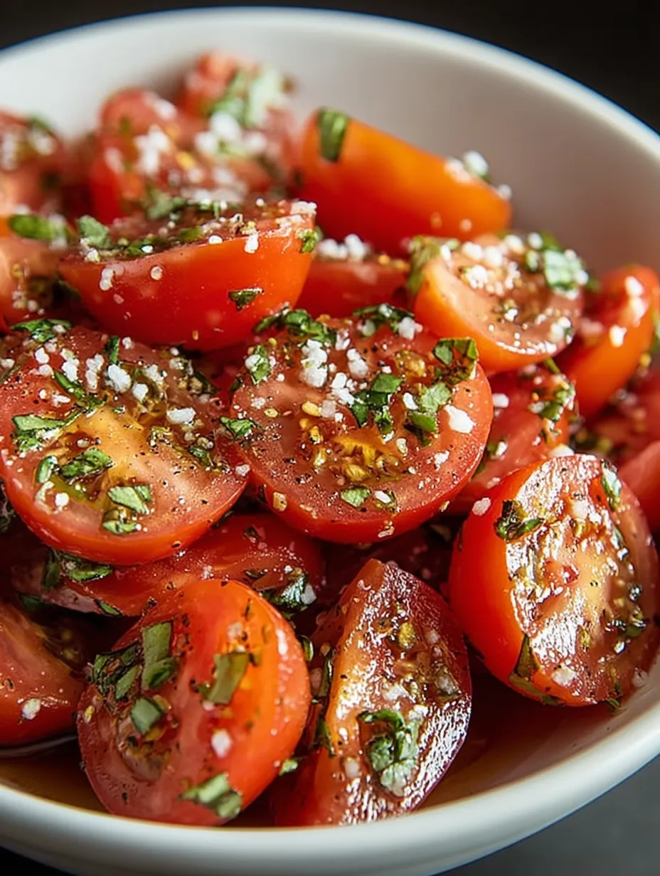 Tomatoes in a bowl with leafy green herbs on top.