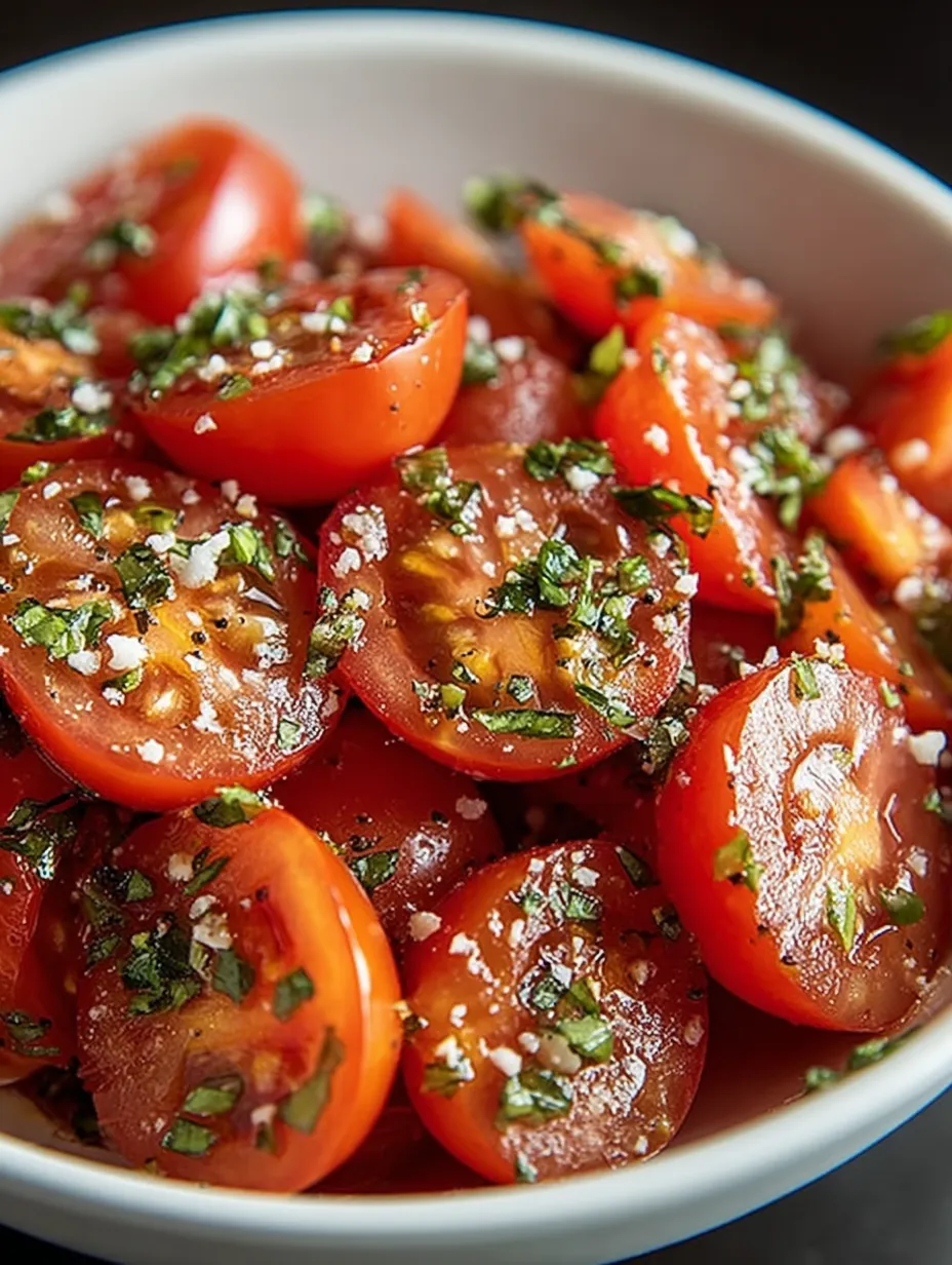 A bowl full of tomatoes tossed with fresh herbs.
