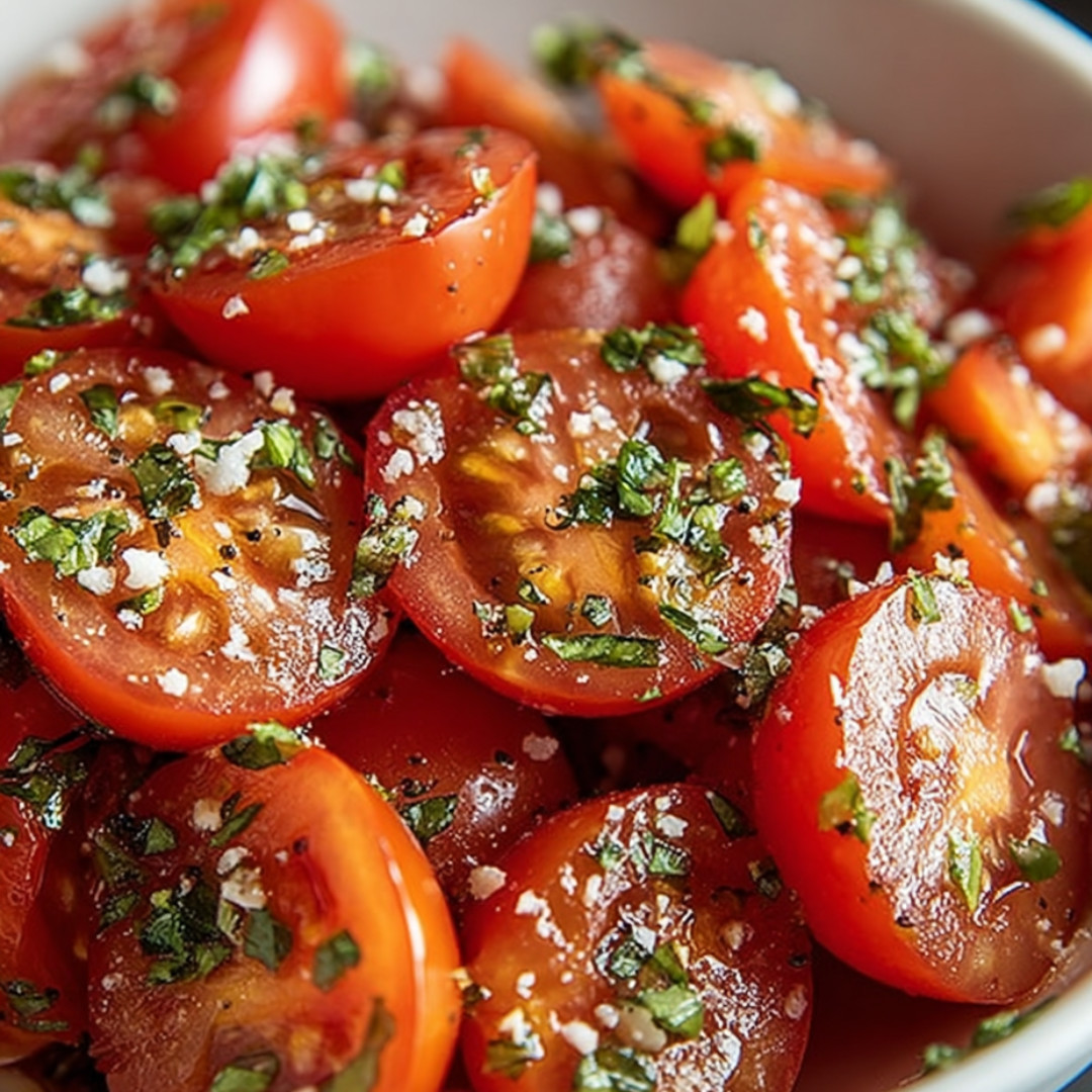 A bowl with tomatoes and lots of herbs.