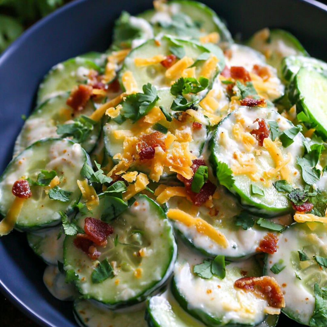 A big bowl of crunchy cucumbers with cheese and smoky bacon bits.