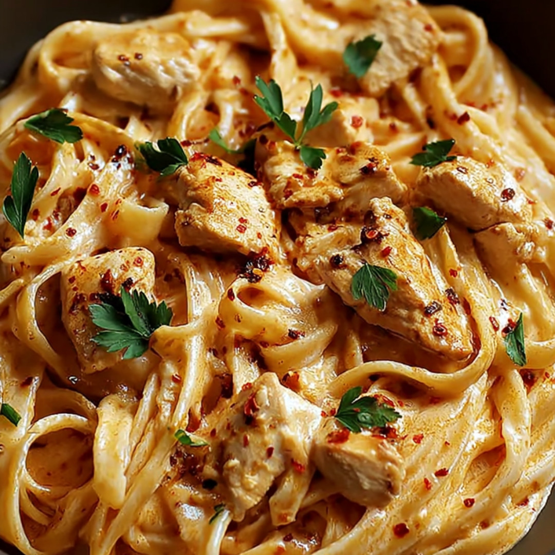 A bowl piled with pasta, peppers and chicken pieces.