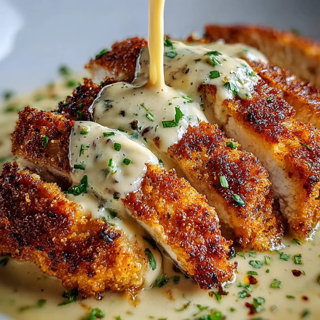 A juicy chicken piece covered in creamy sauce.