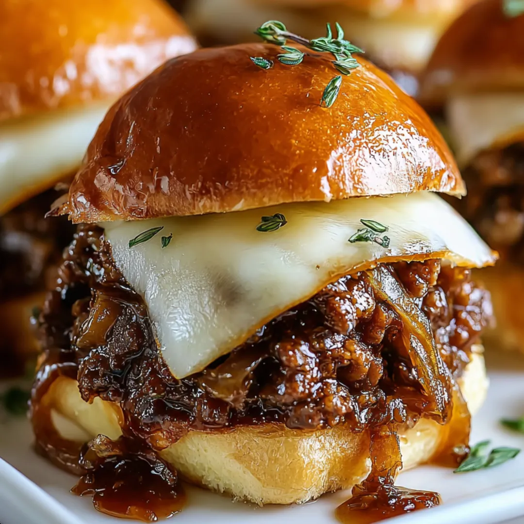 A plate stacked with saucy sandwiches.