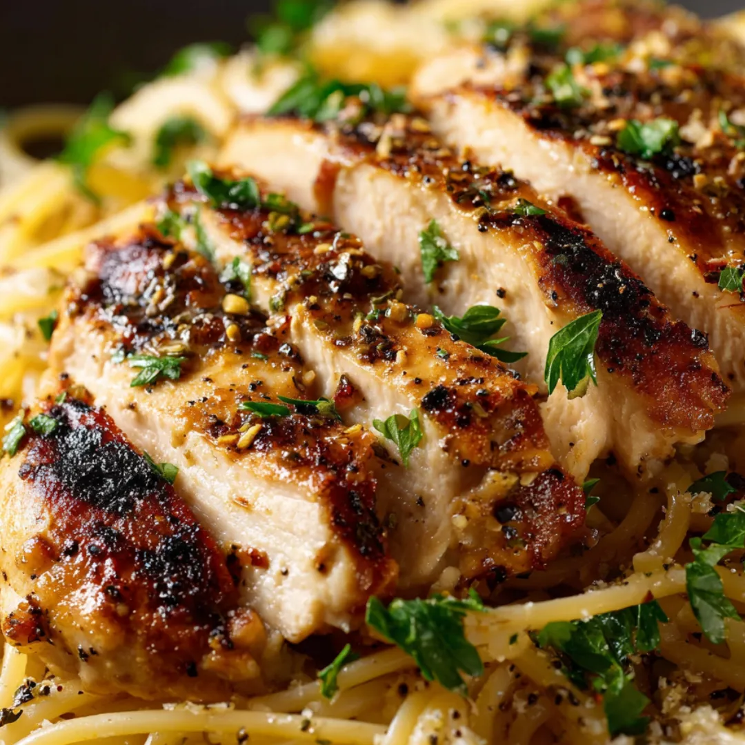 A plate loaded with chicken and pasta.