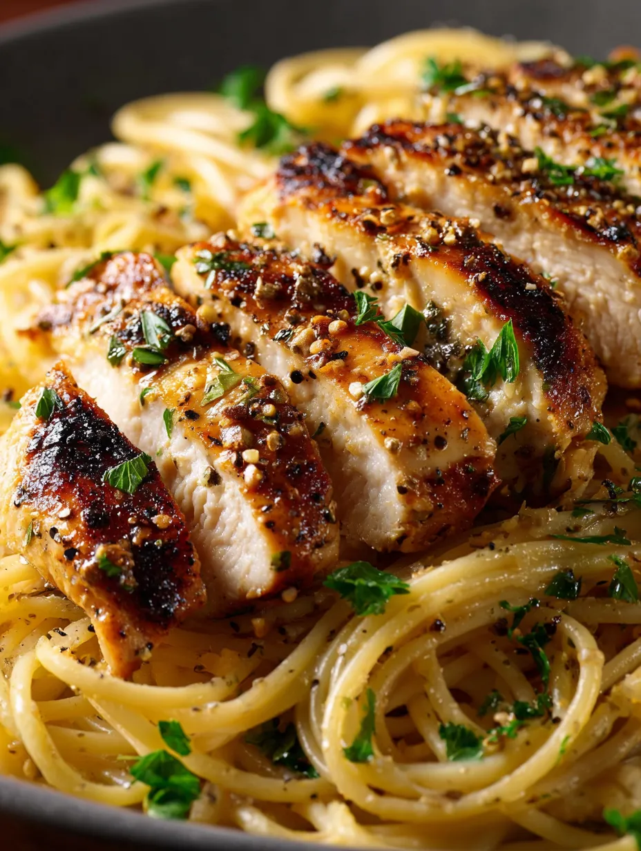 A plate loaded with chicken and noodles.