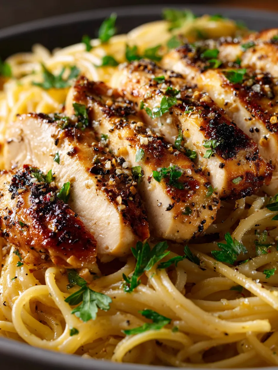Classic spaghetti piled high with sliced chicken and greens.
