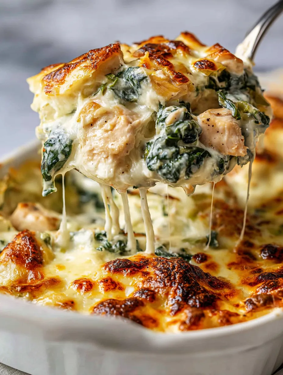A slice of cheesy chicken and greens.