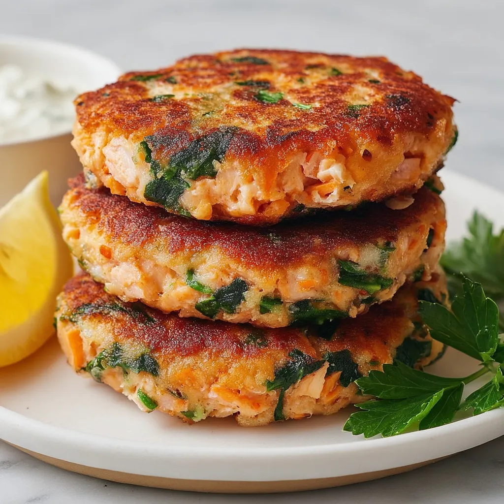 Three patties stacked up with leafy greens sprinkled on top.